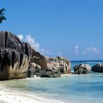 Granieten rotsen op Anse Source d Argent strand La Digue Seychellen